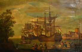 19th Century, Dutch School, Three Men of War docked in a small harbour inlet, all flying the flag of