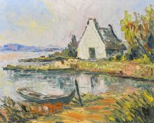 20th Century, a moored boat and house by a river, oil on board, 12.5