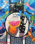 Alan Furneaux (b. 1953), figures in a fantastical scene with a view of figures on a beach verso, oil