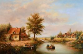 Leon Arie Feyen (b. 1947), figures in a rowing boat between traditional Dutch country homes, oil