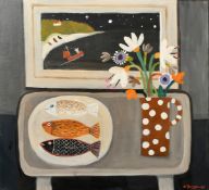 Alan Furneaux (b. 1953) British, A picture in a picture and a still life of three fish on a place