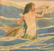 Robert Anning Bell (1863-1933), a merfigure blowing a shell, watercolour, signed, 7.25