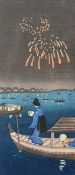 After Hiroaki, Fireworks over a lagoon at night, colour woodcut, 13.75