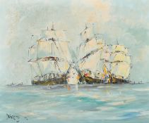 George Richard Deakins (1911-1981) A tall ship and a sailing boat off the coast, oil on board,