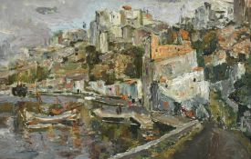 Modern British, A busy harbour view, oil on board, 6