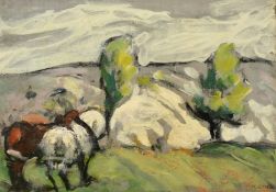 H E Cross, horses in a landscape, oil on canvas, signed, 9.5