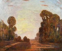 John Brown (20th Century), a view of haystacks at dusk, oil on canvas, signed with initials, 25
