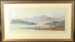 19th Century, cattle watering on a mountain lake, watercolour, indistinctly signed, dated 1881, 8.