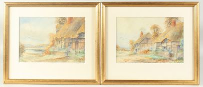E. Potter, Thatched cottages with flowers in bloom, watercolours, both signed, 6.5