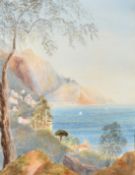 19th Century Italian School, A coastal scene with houses on the hillside and mountains beyond,