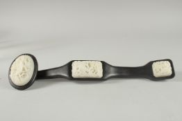 A CHINESE RUYI MOUNTED CELADON JADE SCEPTRE. 41.5cm long.