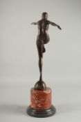 AFTER T. PHILIPP. A BRONZE DANCER. Signed, on a marble basee. 20ins high.