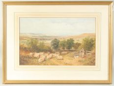 A print, a landscape view with sheep, shepherd and sheep dog resting, Near Holmbury, Dorking,