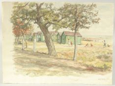 Hubert Williams (20th Century), 'West Mersea, Essex', a row of green beach huts and figures along