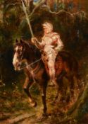 Late 19th Century Continental School, A Knight in armour on his horse, oil on board, indistinctly