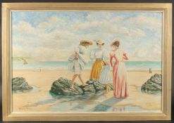 Michael Wood (20th Century), Female figures and a child near a rock pool on a sandy beach, ships out