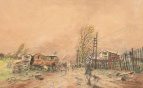 Edouard Febvre (1885-1967) French, Figures conversing on a track with houses either side and the