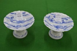 A pair of Japanese blue and white pedestal dishes.