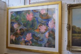 Lilies and lily pads, oil on paper.