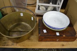 Brass preserve pan, wooden box and enamel dishes.