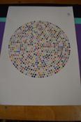 In the manner of Damien Hirst, a circular spot print.