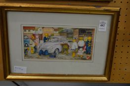 Amusing watercolour depicting teddy bears at a garage.