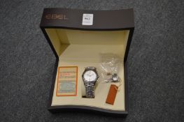 A good Ebel Gentleman's stainless steel chronograph style wristwatch with original box etc.