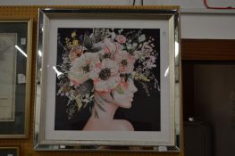 Colourful modern abstract bust length portrait of a lady with a floral hair study.