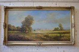 Large rural landscape with figures in a field, oil on canvas.