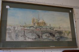 City landscape with a bridge, watercolour.