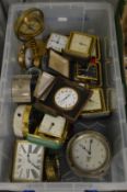 A Smiths car clock, quantity of travelling bedside clocks etc.