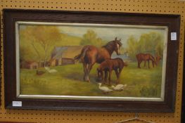 Farm scene with horses and ducks in a field, oil on canvas.