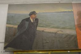 Russian School, Lenin looking out to sea, large oil on canvas, unframed.