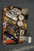 Wooden tray containing a quantity of dressing table items, watches and collectables.