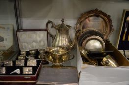 A Continental white metal three piece coffee set, quantity of similar items to include napkin rings,