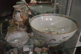 Two Chinese famille rose bowls and a Satsuma vase (faults).