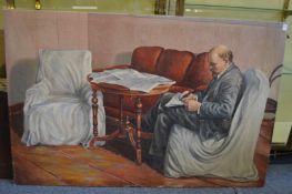 Russian School, Lenin seated in an armchair by a table writing a letter, oil on canvas, unframed.