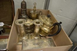 A quantity of silver items to include a teapot, cigarette box, pair of candlesticks (split) and