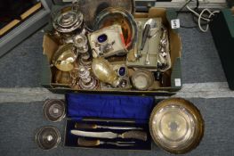 A quantity of plated items to include a kettle on stand, cased carving set, pair of bottle
