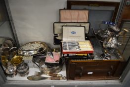 Large quantity of plated items to include a cutlery canteen, kettle on stand, entree dishes etc.