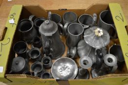 A quantity of pewter items to include a good teapot, coffee pot, tankards etc.