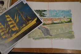 A group of unframed prints.