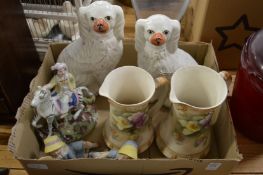 A pair of Staffordshire spaniels and other items.