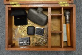 Mahogany box containing silver walking stick handle, jewellery etc.