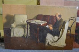 Russian School, Lenin seated in an armchair by a table writing a letter, oil on canvas, unframed.
