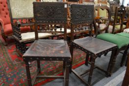 A pair of leather upholstered dining chairs.