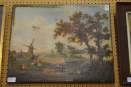 Rural landscape with figures in a boat on a river, oil on canvas, unframed (faults).