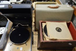 A Decca 10 portable gramophone, gramophone records, an old typewriter and a portable TV.