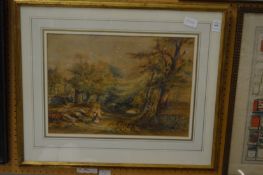 Rural wooded landscape with a figure on a path, watercolour.