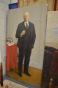 Russian School, Full length portrait of Lenin standing by a table, oil on canvas, unframed.